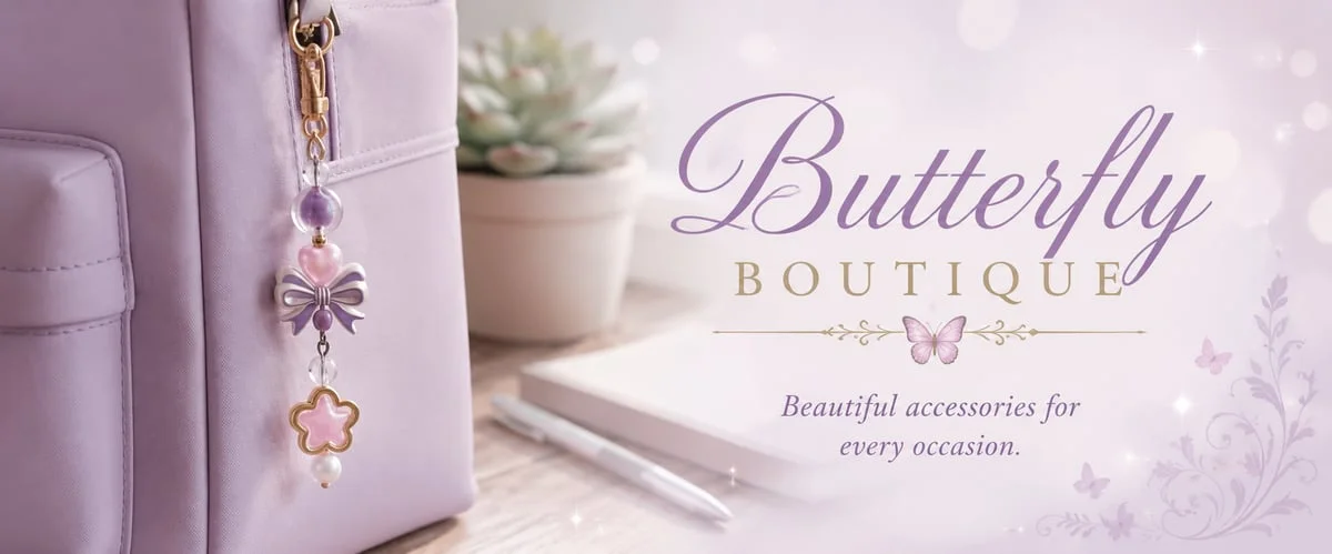 Butterfly Boutique storefront banner with handmade accessories