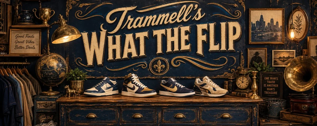 Trammell's What The Flip storefront banner with sneakers displayed on a vintage dresser